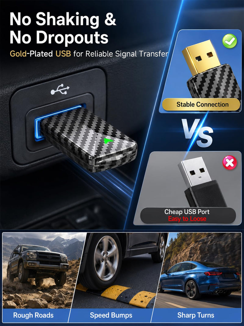 Carbon Fiber Wireless Android Auto & CarPlay Adapter, Wired to Wireless | Auto Reconnect, Fast Stable on Rough Roads, Gold-Plated USB, Mini Design, Easy to Use, Plug & Play with OEM Wired Cars 2016+ Carbon