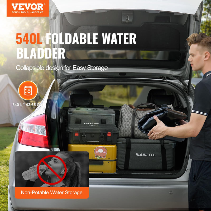 VEVOR 540L/142.7 Gallon Water Storage Bladder, RV Water Tank, 1000D PVC Collapsible Water Storage Containers, Large Capacity Soft Water Bag, Portable Water Bladder,Camping, Emergency Water Supply Black
