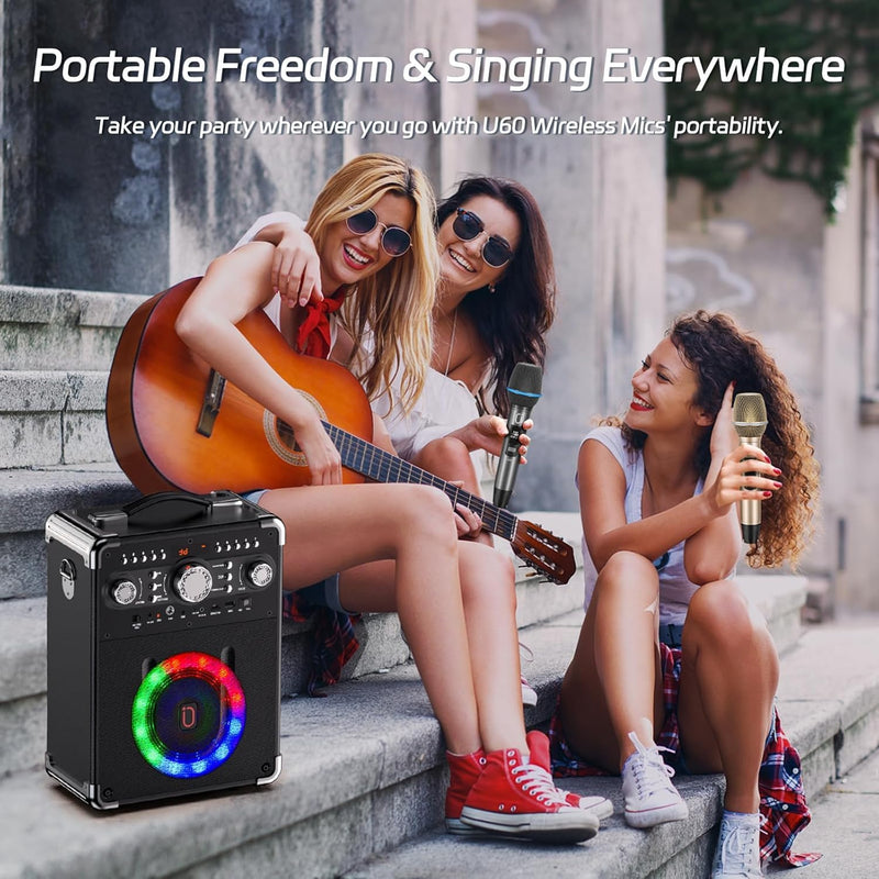 U60 Wireless Microphones, Dual UHF Microphone System with Rechargeable Receiver, Metal Karaoke Microphone for Singing, Wedding, DJ, Party, Speech, Church, Class, 200ft