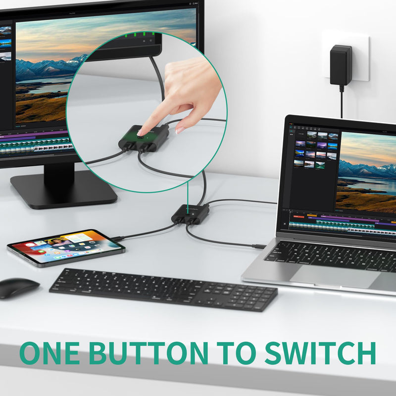 USB C Bi-Directional Switch, 1 in 2 Out/2 in 1 Out USB C Switcher 8K@60Hz 10Gbps Data Transfer and 100W PD Fast Charging, Included 5V Power Adapter