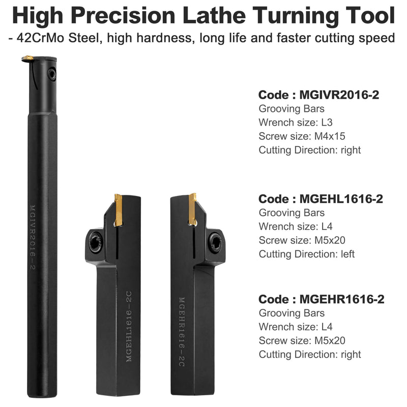 5/8" Large Shank Lathe Grooving & Part-Off Set (3pcs), Internal & External Deep Grooving, 10pcs TiN Coated MGMN200 Inserts, Extra-Rigid Nitrided Stability 2PCS Threading Holder + 10PCS Carbide Inserts
