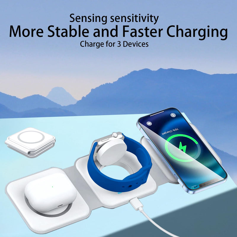 3in1 Foldable Magnetic Wireless Charger,Travel Pad for iPhone,Watch,AirPods | Magnetic Alignment, 15W Fast Charging, Foldable Travel Stand, Compatible with Apple Watch & AirPods, Safe Tech Tea White