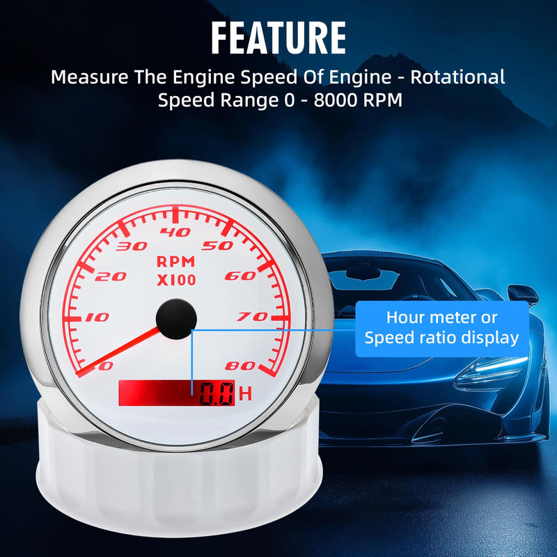 Tachometer Gauge 7 Color 0-8000 RPM Tacho Meter 85mm 3 3/8" for Auto Boat Marine Vehicle for 1-10 Cylinder Diesel and Gasoline Engine（White） White 8000RPM