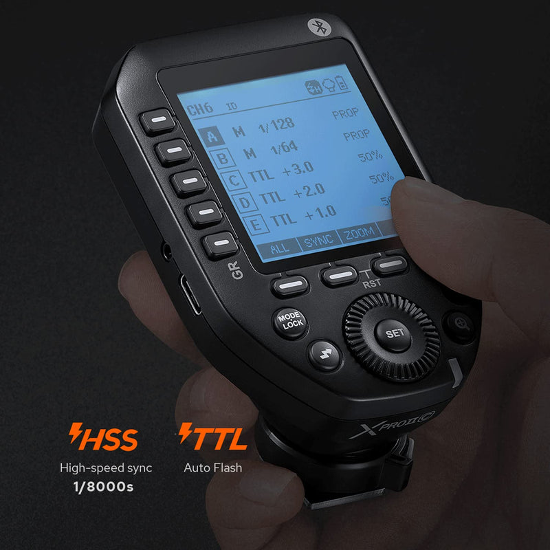 Godox XProII-F XProII F TTL Wireless Flash Trigger for Fujifilm, Support 1/8000s HSS, TTL Autoflash, Manual Flash, TCM Function, 5 Delicated Group Button, Large LCD Display, Smart APP Control