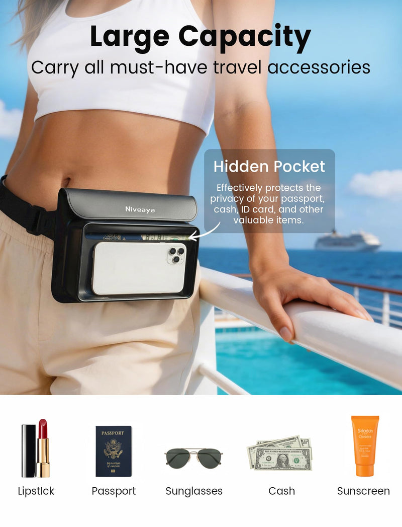 Niveaya IPX8 Waterproof Fanny Pack for Men Women, Large Capacity Touch Screen Dry Bag for Kayaking, Paddle Boarding, Waterpark & Swimming Essentials, Adjustable Waist Strap Pouch for Cell Phone Black&Army Green
