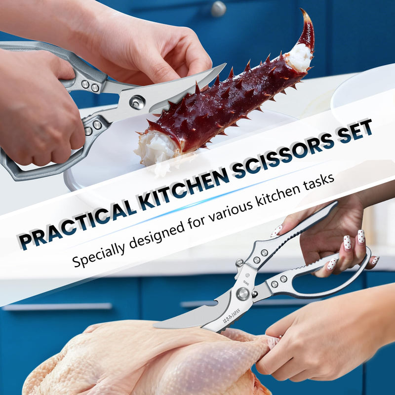 HUUSK Silver Kitchen Scissors Set - Sharp Seafood Scissors & Heavy Duty Poultry Shears for turkey, poultry joints,Crab, Shrimp, Lobster, Nuts - Gift Box White Set of scissors