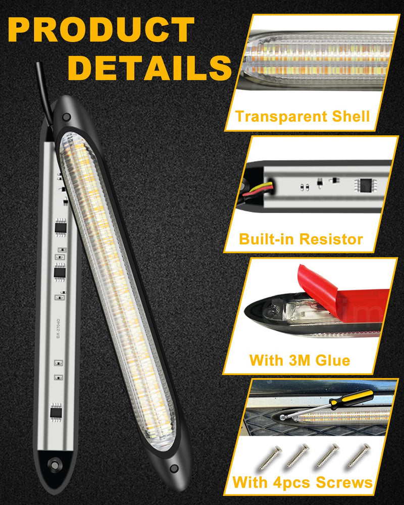 Qasim DRL LED Strip Car Daytime Running Light 9.25in White Automobile Decorative Lights Yellow Streamer Flow Turn Signal Light Tail Light Strip Bar 12V (2Pcs, 23.5cm) 23.5CM 9.25'' WA