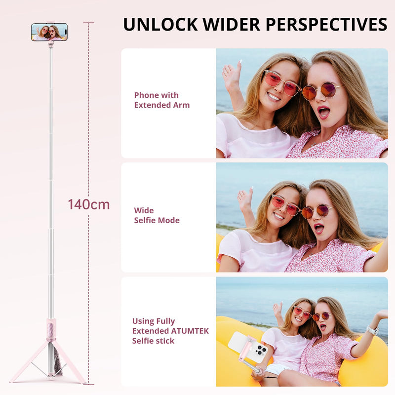 ATUMTEK 55" Selfie Stick Tripod, All-in-one Extendable Aluminum Phone Tripod with Rechargeable Bluetooth Remote for iPhone, Samsung, Google, LG, Sony and More, Fitting 4.7-7 inch Smartphones, Pink