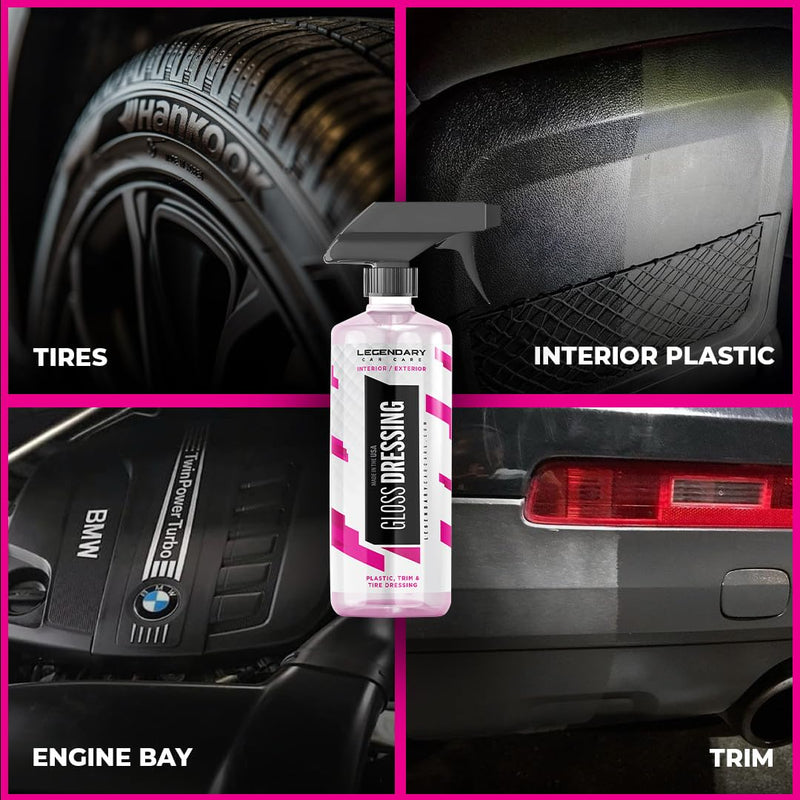 Legendary Gloss Dressing with Applicator 16oz - Tire Shine Spray & Plastic Restorer – Water Based & Non-Greasy Interior/Exterior Detailing Spray - Trim, Rubber, Vinyl & Plastic Restorer for Cars Gloss Dressing 16oz with Applicator
