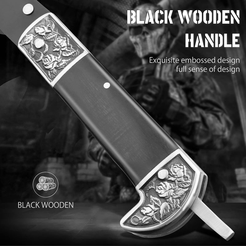 VALHALLA Folding Sickle, Black Sharp Folding Scythe with 2 Sections, Hand Sickle Knife Wooden Handle, Portable Safety Sickle Knife with Sheath