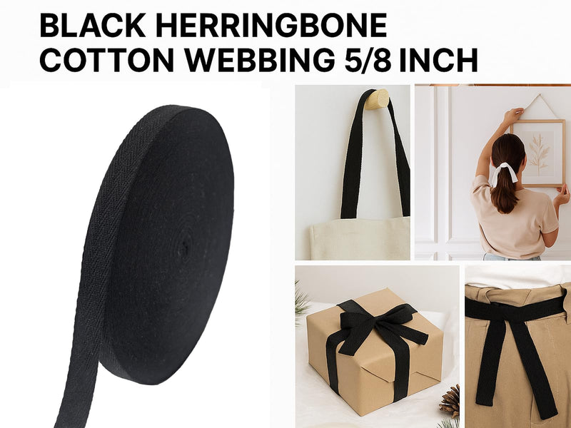 Black Cotton Twill Tape 5/8inch for Sewing,Ties,Gift Wrapping, Home Deco -40 Yards 15mm Natural Herringbone Fabric Trim Bias Binding Strips Ribbon for Handles, Crafting & DIY Projects Black 5/8 INCH 15mm