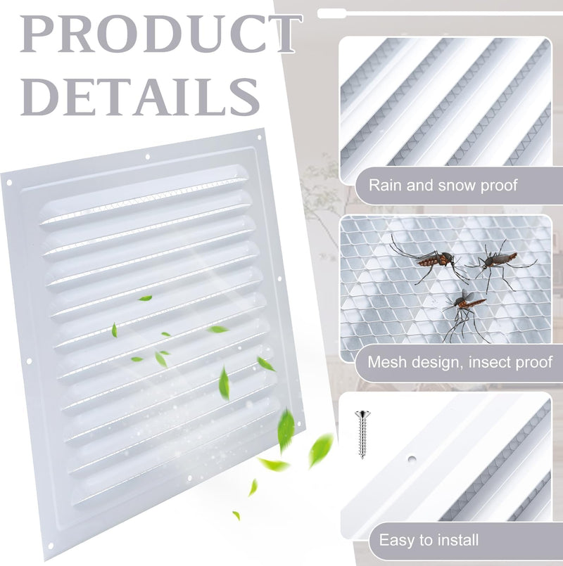 2 Pcs Attic Vent 10" X 10" Shed Vents Metal Gable Vents for Houses Wall Vent with Screen Vent Covers for Home Garage Attic Ceiling, Boost Ventilation and Guard Against Moisture (White) White