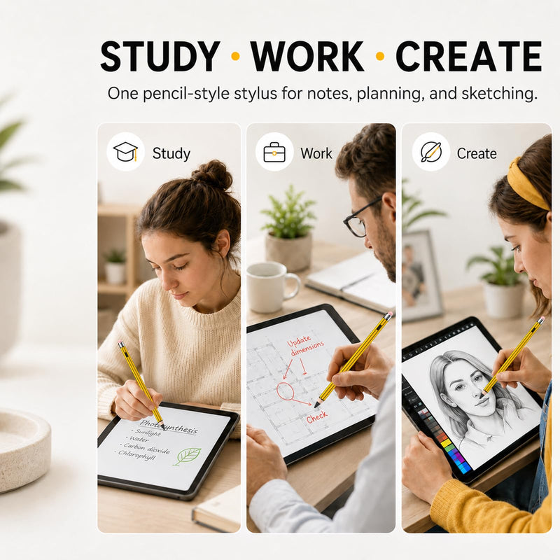 HATOKU Pencil Style Stylus Pen for Apple iPad 2018-2026, No Bluetooth Setup | 18-min Fast Charge for Notes, Sketching, and Class Tasks, Rubber End for Touchscreen Device, Tilt Sensitivity, Palm Rejection yellow black