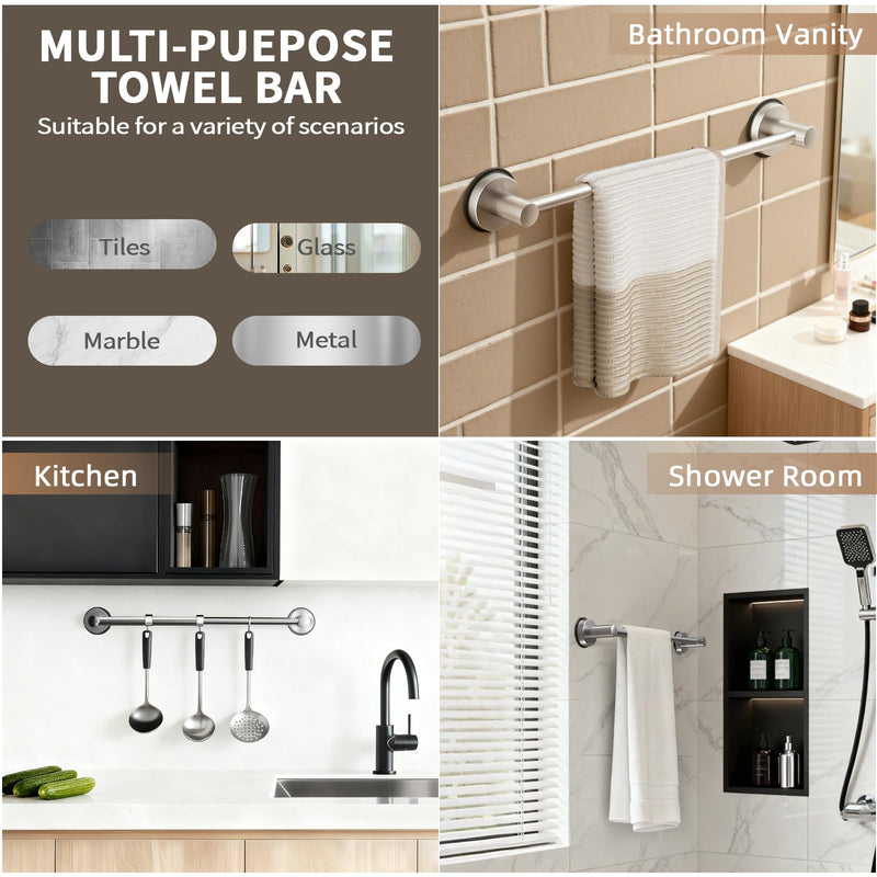 Adjustable Suction Cup Towel Bar for Bathroom Wall,14.6Inch~24 Inch Towel Racks for Bathroom, SUS304 Stainless Steel Bathroom Towel Holder,Bathroom Accessories Brushed Nickel Towel Rack (2pcs Silver) 2pcs Silver