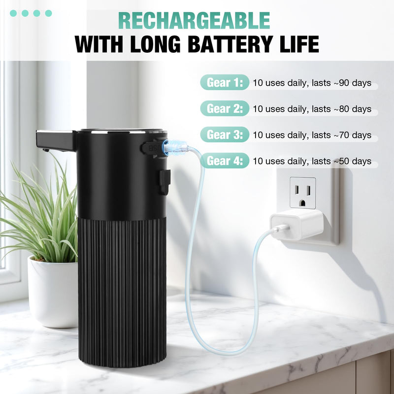 2 Pack Automatic Soap Dispenser: 14oz Plastic - Foaming Touchless 4 Level Adjustable Wall Mount Foam Black Rechargeable Electric Auto Smart Soap Dispenser Set - Bathroom Kitchen Hand Dish Lotion 2 Pack Black