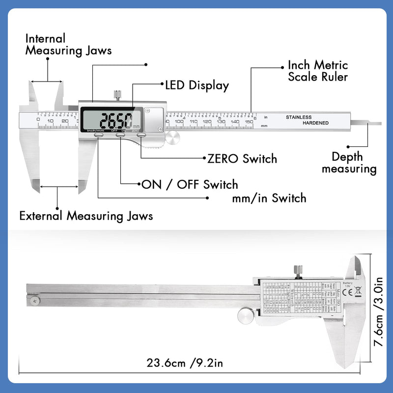 Digital Caliper Measuring Tool, Stainless Steel Vernier Caliper Digital Micrometer with Large LCD Screen, Easy Switch from Inch Metric Fraction, 6 Inch/150mm Caliper Tool for DIY/Household A003