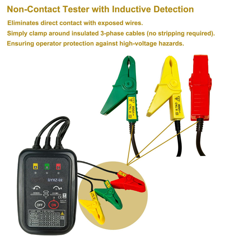 Professional Grade Non-Contact 3 Phase Sequence Tester - 70-600V AC | Phase Rotation & Live Wire Detector | Electrician Tool Kit Essential, 20" Clamps Live Wire & Circuit Break Detector