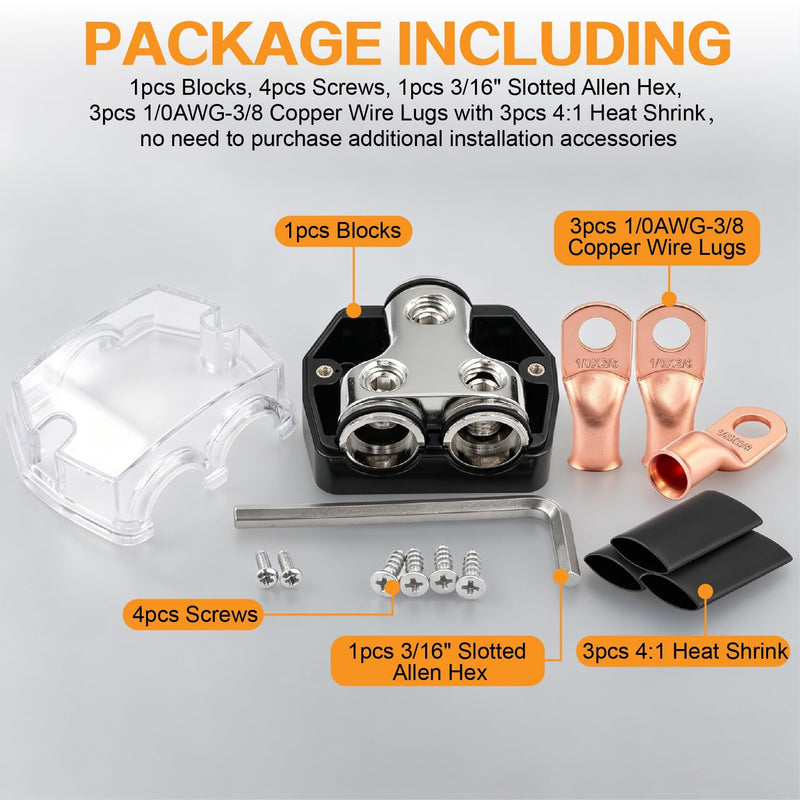 2 Way Power Distribution Block 1x 0 Guage in 2X 0 Guage Out Circuit Protector Distribution Connecting Blocks for Car Audio Splitter with Installation Accessories 2Ways-Kit4