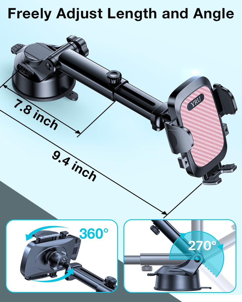 YRU True Military-Grade [360° Rotation Suction] 2025 Ultimate Car Phone Holder Mount 【90+LBS Safest Strongest & Patent Certs】 Dashboard Windshield Vent for iPhone 17 16 Pro Max Samsung, Pale Pink