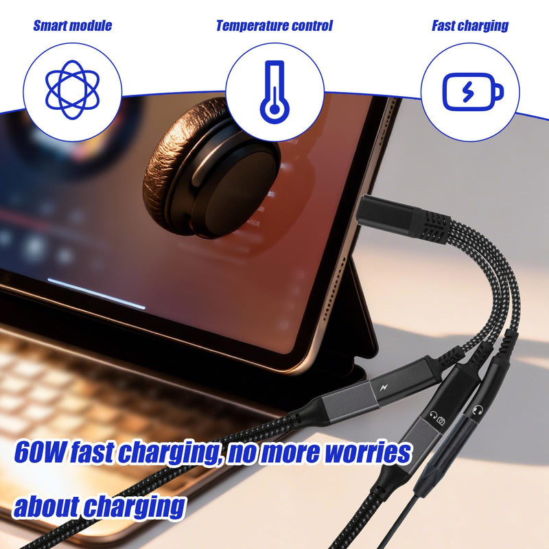 3-in-1 Type-C 3mm Headphone & Charger Adapter, Aux Splitter with 60W PD Fast Charging Compatible with Android Google Huawei Samsung iPad MacBook Surface Pro Xiaomi