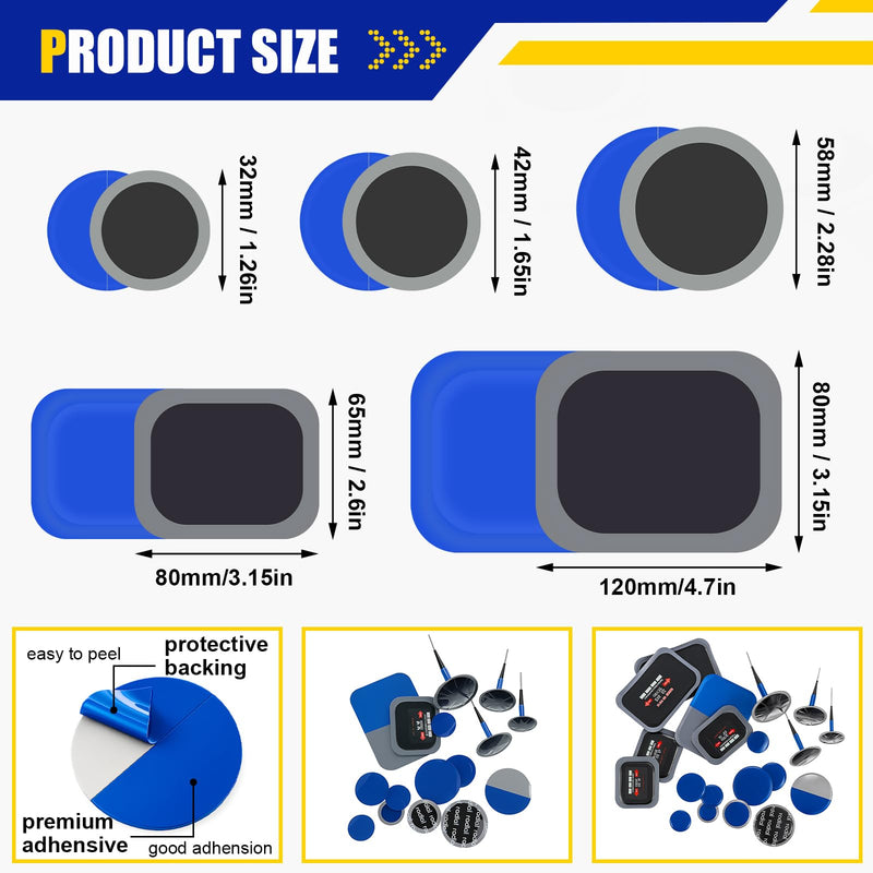 Tallew 74 Pcs Heavy Duty Tire Patches Kit Rubber Radial Tire Repair Patch Plug Kit Repair Emergency Tool for Puncture Car Truck Bus Tractor Vehicle Motorcycle 32mm, 42mm, 58mm, 65x80mm, 85x120 mm