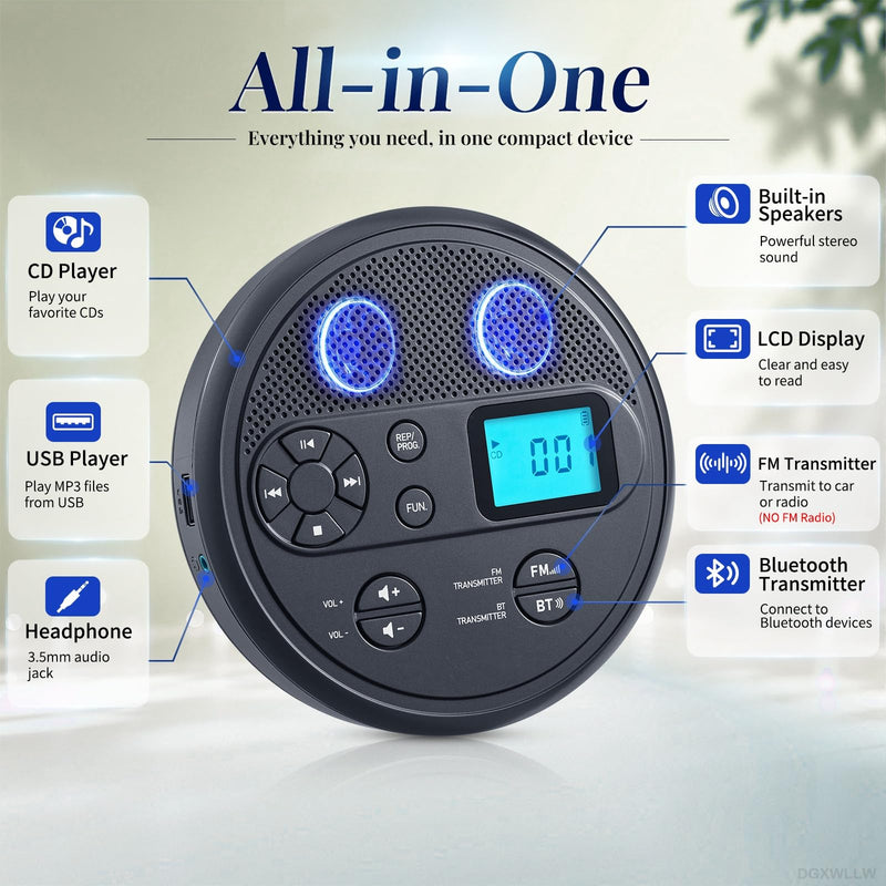 Portable CD Player with FM Transmitter, Bluetooth, Timer, USB, AUX | Rechargeable Music Player with Anti-Skip, Stereo Speakers, LCD Display, Includes Headphones for Use at Home or in Car, Grey