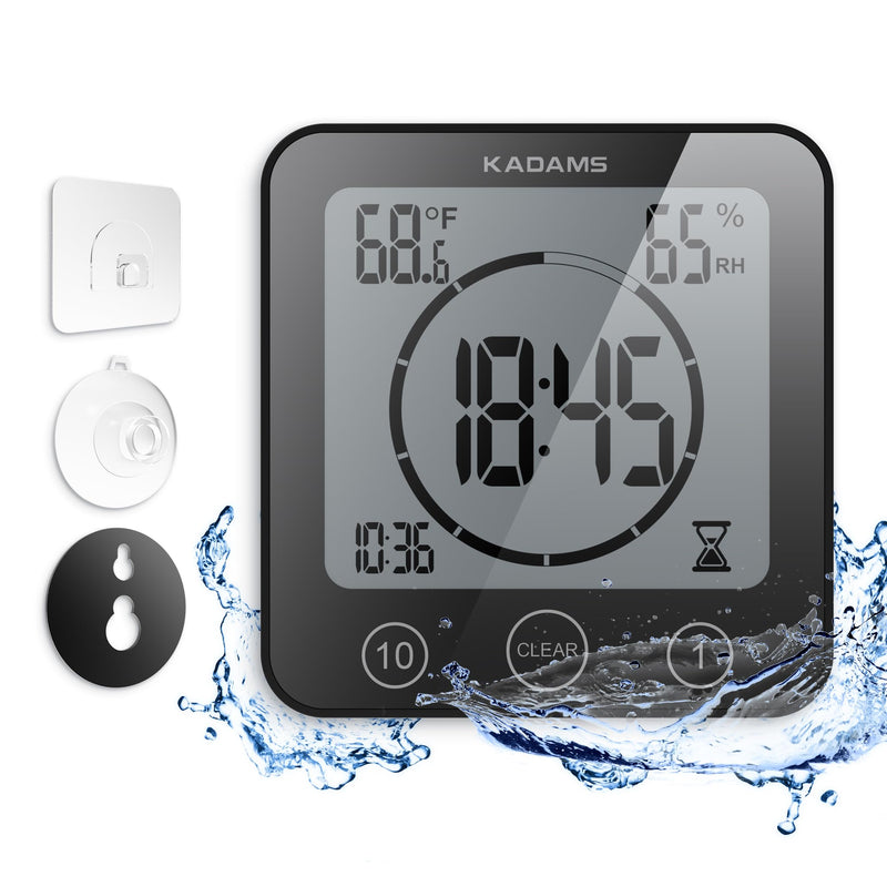 KADAMS Shower Clock Waterproof Bathroom Timer – Digital Wall Clock with Countdown, Magnetic Kitchen Clock with Temperature & Humidity, Suction Cup for Kids Shower Spa Sauna Cook Bath (Black) Black