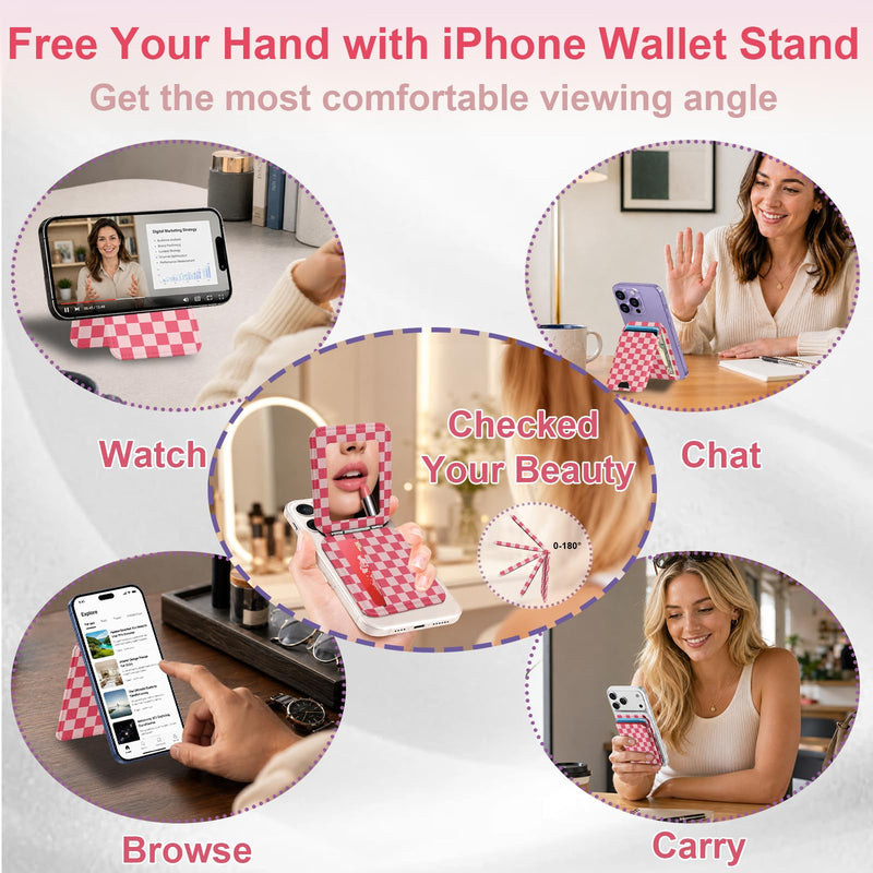 bolimoss Checkered for Magnetic Wallet with Makeup Mirror, Cute Leather Magnetic Card Holder for iPhone, Phone Wallet with 2 Card Slots & Adjustable Stand for iPhone 17/16/15/14/13/12 Series(Pink) Rose Red Checkerboard