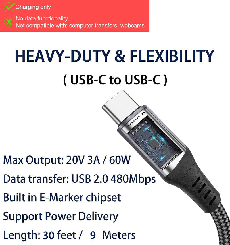 30FT USB-C to USB-C Cable 60W(no data), Extra Long USB Type-C to Type-C Cable 2.0, USB C Charger Cable for iPhone 15,MacBook Pro 2020,iPad Air 5th,Galaxy S24 S23 S22,Note 20,Pixel 7,Switch,Moto,Grey 30FT Grey 1