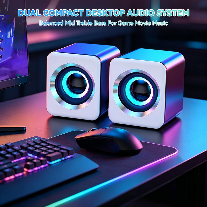 Computer Speakers, New Diamond Diaphragm Design, USB Wired Unit with Volume Control, 3.5mm Audio Jack Delivers Rich Stereo Sound, Compatible with Phones, Tablets and MP3 Players(White) White