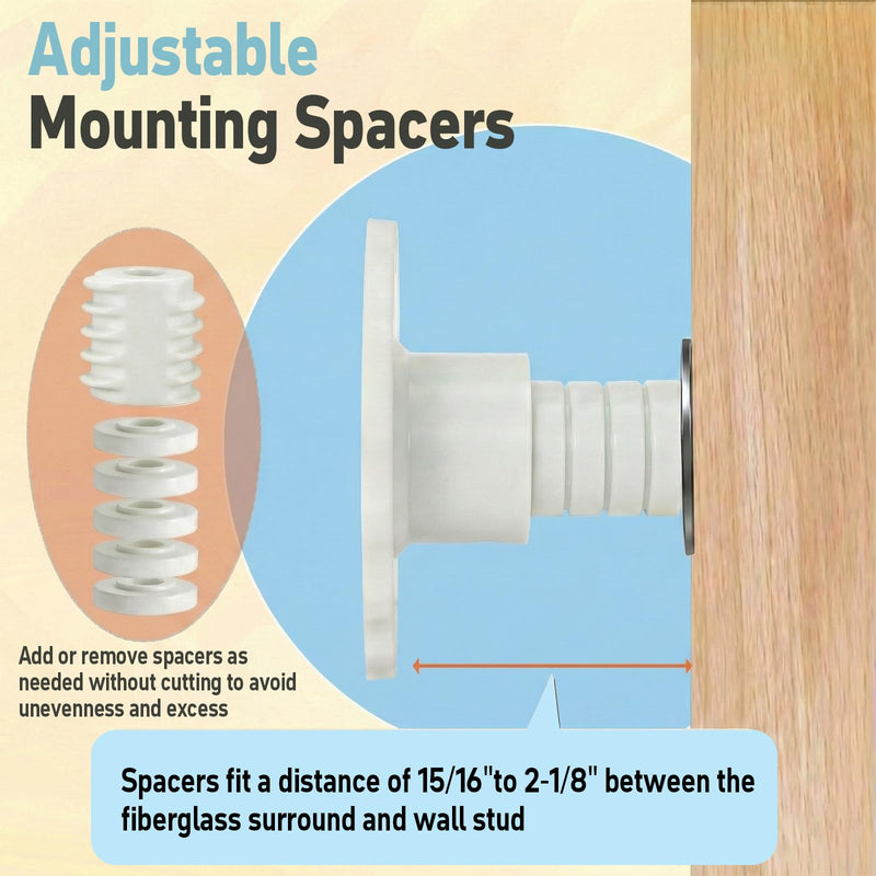 Grab Bar Mounting Kit for Fiberglass Showers, Grab Bar Anchors with Adjustable Spacers (15/16" to 2-1/8"), Shower Stall Kit for Installing Grab Bar to Stud, 1 Pair