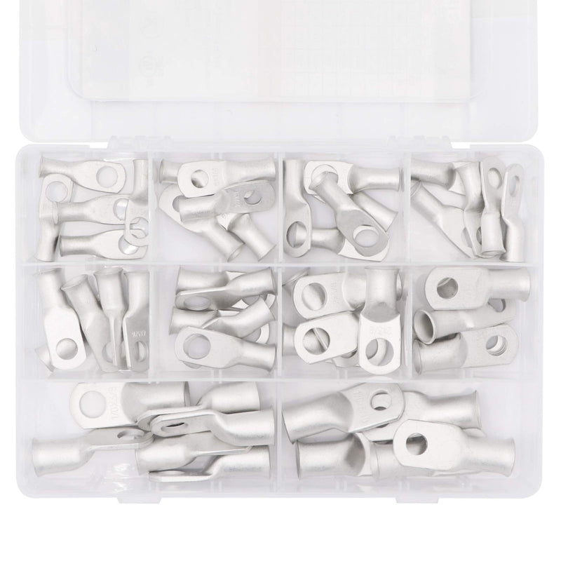 Battery Cable Ends Terminal Connectors Wire Copper Lugs Assortment Kit AWG 8 6 4 2 1/0 Gauge 5/16 3/8 Tinned Crimp Marine Ring Eyelets-10 Sizes 50PCS AWG8~1/0 Tinned copper