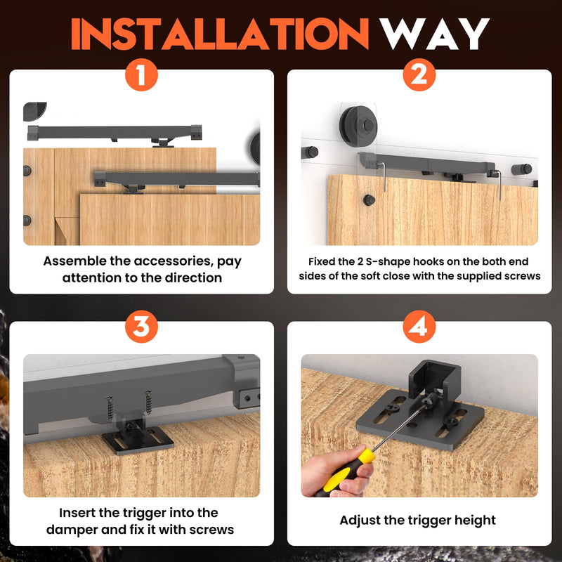 Barn Door Soft Close Hardware Kit 4 Pack,Barn Door Stopper Black | Heavy Duty|Universal Fit | 88-132 lbs|No Hole Install | Adjustable Damper | Sliding Door | Top Track | Upgrade