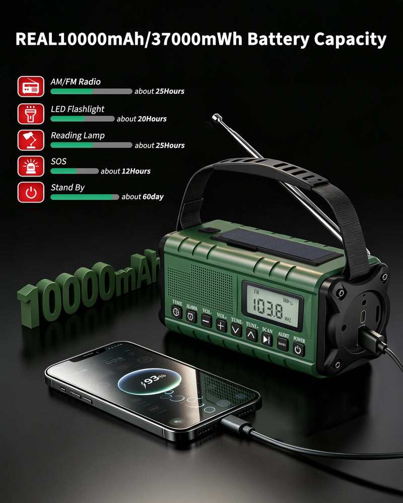 Hand Crank Radio Portable Am Fm-10000mAh/37000mWh NOAA Weather Radio | Auto Scan Emergency Radio with Flashlight,Rechargeable Battery,Solar Panel&SOS Alarm for Indoor/Outdoor Emergency Supplies Army Green