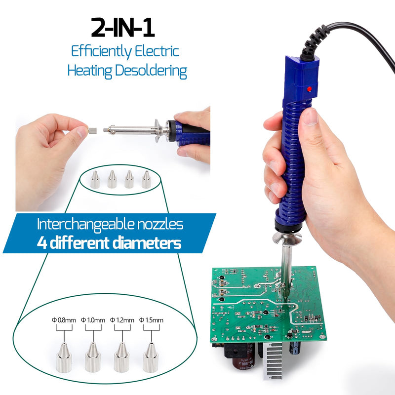 WEP 929D-V 2 IN 1 Desoldering Iron Electric Solder Sucker with 5 Nozzles 0.8/1.0/1.2/1.5mm Soldering Tool Kit with Built-in Desoldering Pump, Iron Stand, Sponge, Cleaning Pin Solder Remover