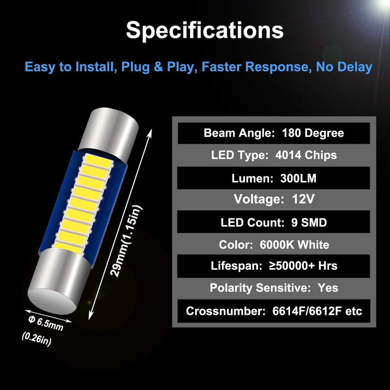 6PCS 28mm 29mm 6614F Festoon LED Car Bulb, Extremely Bright 9-SMD 4014 chips 6641 6612F LED Bulb, Fit for Vanity Mirror Lights and Sun Visor Lights, 6000k White 6PCS 29mm 9SMD