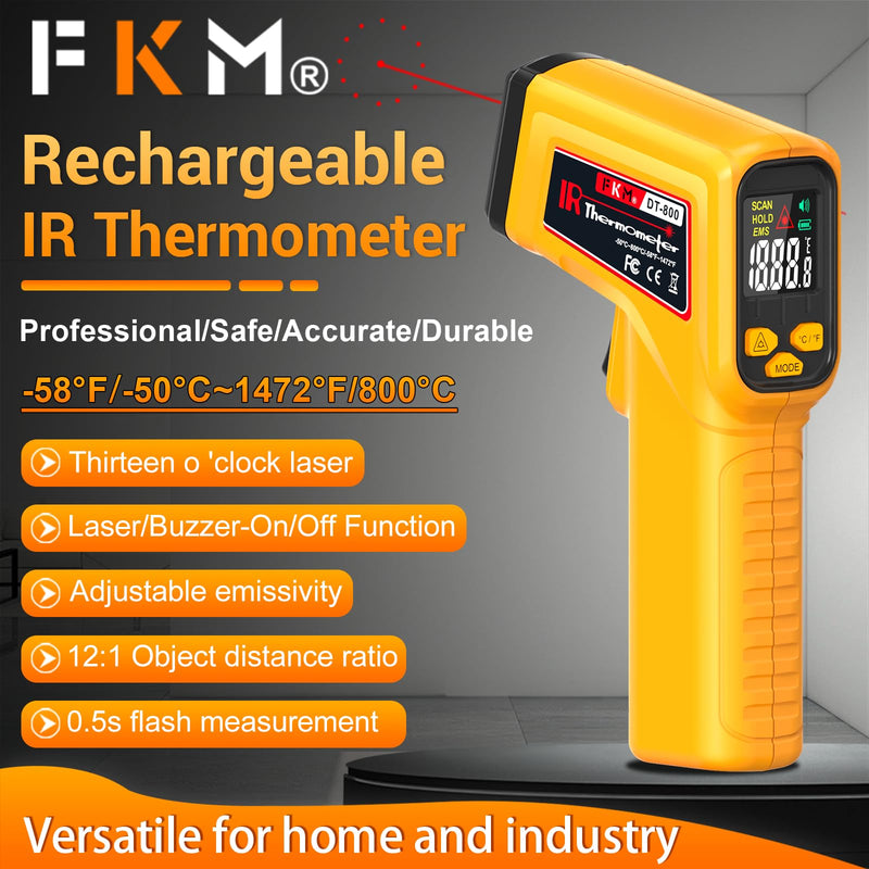 FKM Rechargeable Infrared Thermometer Gun,13-Point Laser Non-Contact Laser Thermometer Gun,High Precision,-58°F~1472°F,Digital IR Temperature Gun for Cooking,Griddle,Oven,HVAC,Automotive,Industrial -58°F~1472°F (-50°C~800°C)