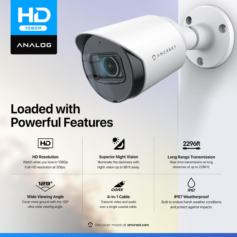 Amcrest Full HD 1080P Bullet Outdoor Security Camera (Quadbrid 4-in1 HD-CVI/TVI/AHD/Analog), 2-Megapixel, 98ft Night Vision, 2.8mm Lens 129° Viewing Angle, White (AMC1080BC28-W) 1080P HD-CVI Tribrid