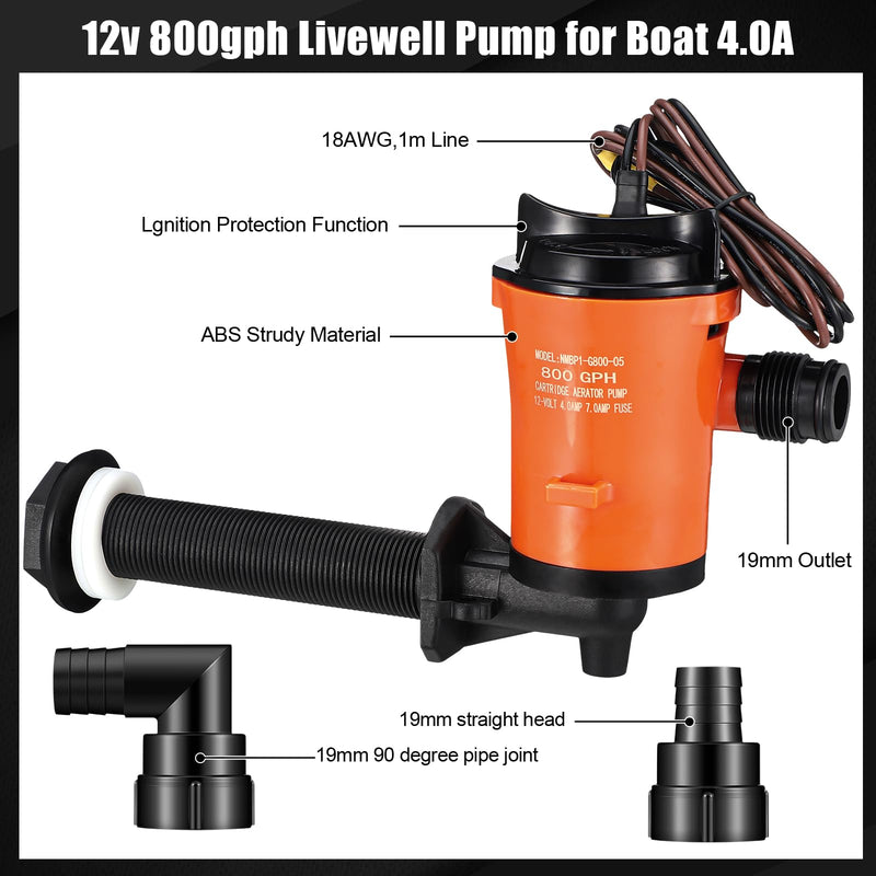 Retisee 12V 800GPH Livewell Pump Kit for Boat Aerator Pump with 4 3/4'' Stainless Steel Mesh Strainer Marine Baitwell Replacement for Fishing Tank Submersible Cartridge Aerator Boat Marine Yacht