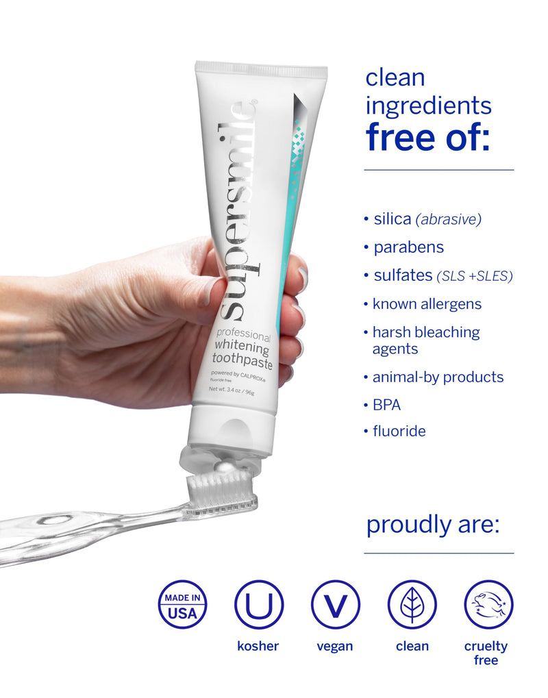 Supersmile Original Mint Fluoride-Free Whitening Toothpaste, 3.4 oz, TSA Approved Travel Size Toothpaste with Calprox®, Whitens 5.5 Shades in 7 Days, RDA 65 Low Abrasion, Enamel Safe for Veneers 3.4 Ounce (Pack of 1)