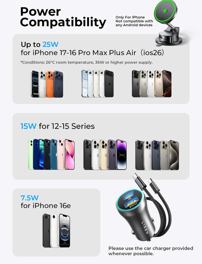 LISEN for Qi2.2 25W MagSafe Car Mount Charger,Magnetic Wireless Car Charger | [With 54W Adapter] Vacuum Suction Car Phone Mount, 360° Magnetic Wireless Phone Holders for Your Car, Only for iPhone 17-12 Black