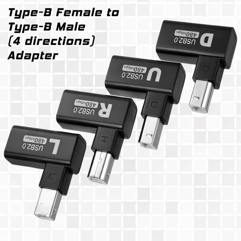 90 Degree USB B Printer Adapter Type-B Male USB 2.0 to Female Extension Adapter 4 Pcs Up+Down+Right+Left Angled Printing and Data Extension Adapters for Printer Scanner