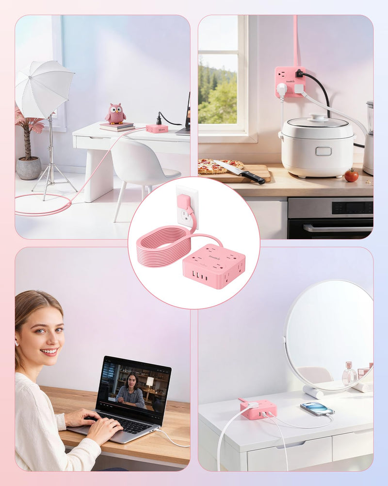 Extension Cord with Multiple Outlets, SMALLRT Power Strips, 6.5FT Flat Plug Power Strip with USB Ports, 8 Outlets, Outlet Extender Outlet for Home Office, Pink 6.5 Ft