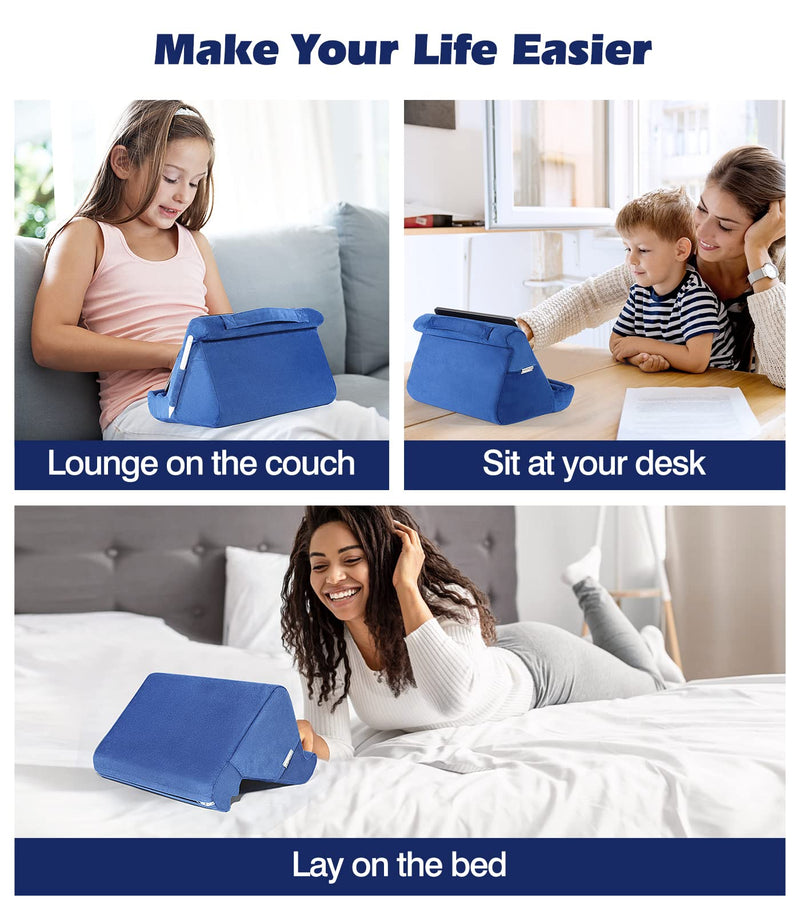 MoKo Tablet Pillow Stand, Soft Tablet Cushion Stand, With Multiple Viewing Angles and Storage Pocket, Fits iPad 10.2 2021/iPad Air 5/4/3/iPad Pro 11/12.9 2022, iPad 10th,Galaxy Tab, iPhone, Book, Blue