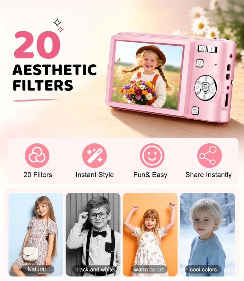 Pink Digital Camera, 50MP FHD 1080P Portable Point and Shoot Camera, Small Digital Camera with 16X Digital Zoom, Anti-Shake Vlogging Device for Daily Life, Travel, Kids, and Beginners Pink
