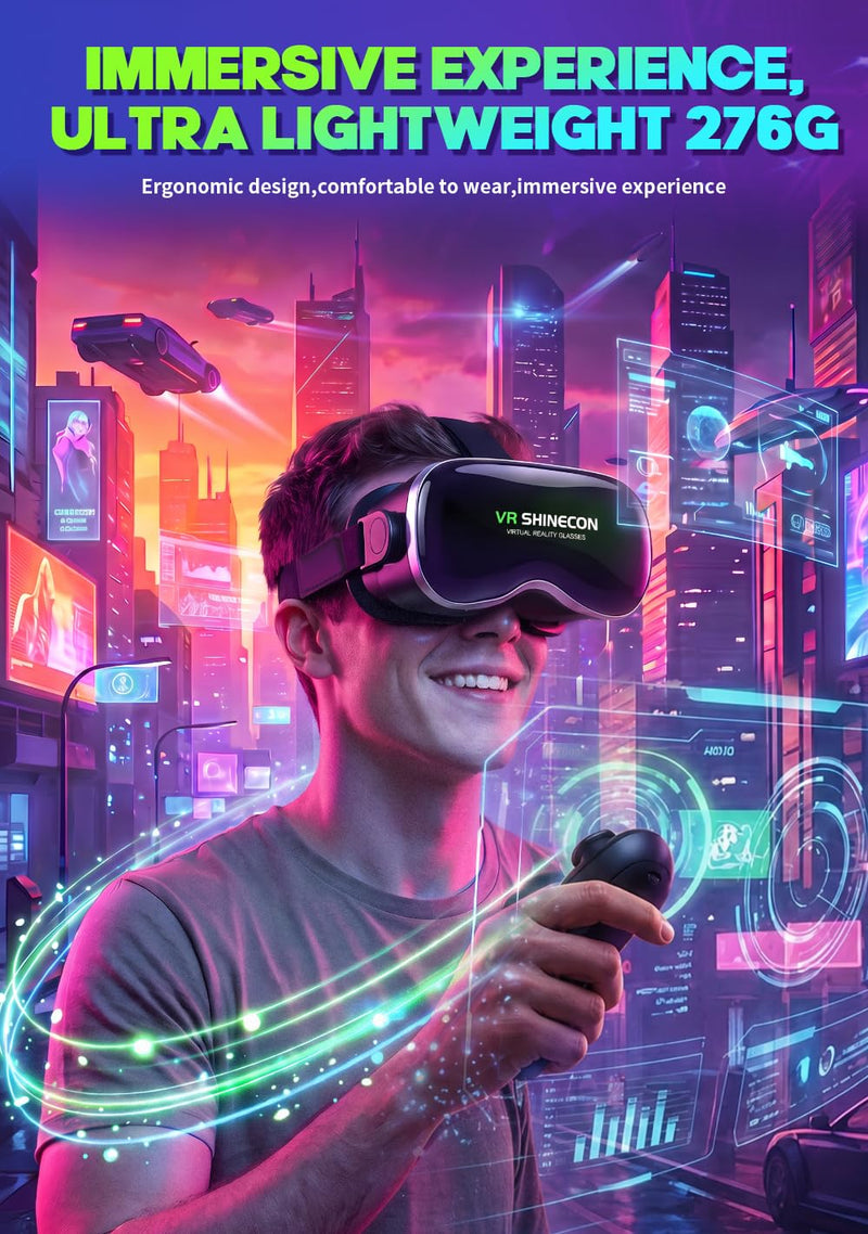 VR Headset with Bluetooth Controller, HD Aspheric Lenses, Adjustable Focus & IPD – Universal Fit for 4.7–7" Smartphones with Heat Dissipation Design