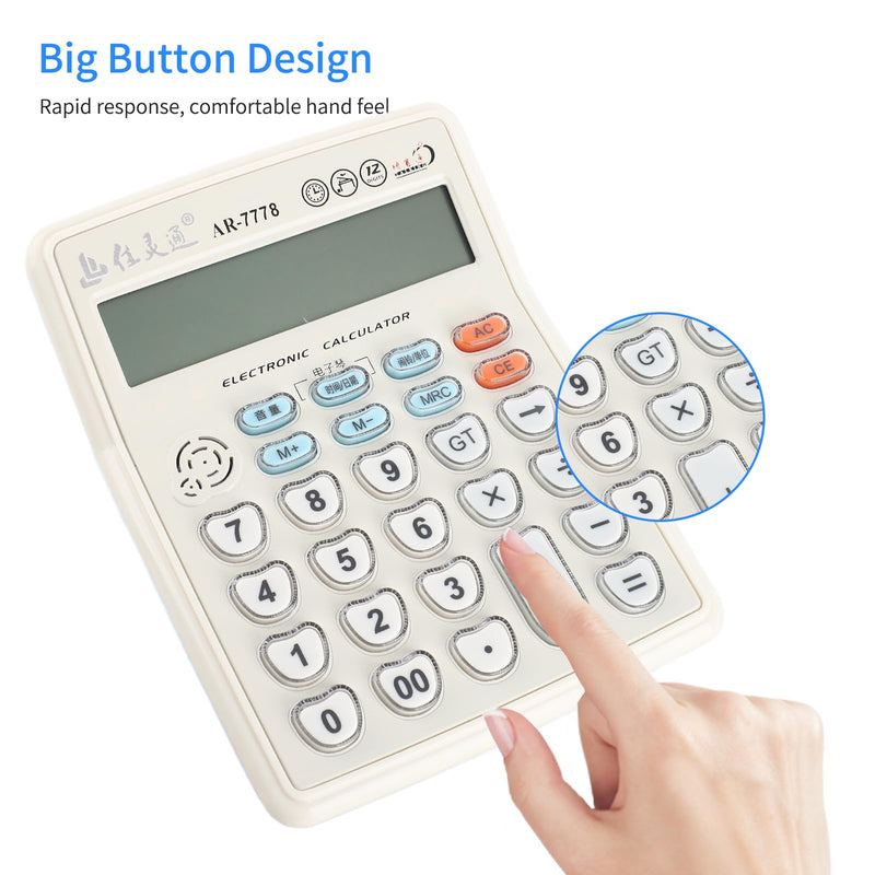 Electronic Desktop Calculator with Musical Function Big Buttons Calculator Time Date Display 12 Digits LCD Tilted Screen for Office Business Store