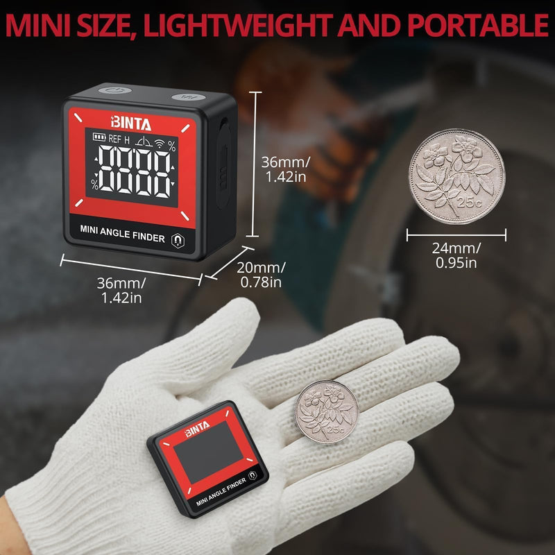 BINTA Small Digital Angle Finder Magnetic, Rechargeble IP54 Waterproof Dustproof Digital Angle Gauge Inclinometer, Portable Backlight Angle Measuring Tool for Woodworking, Construction, Machinery, DIY Black and Red