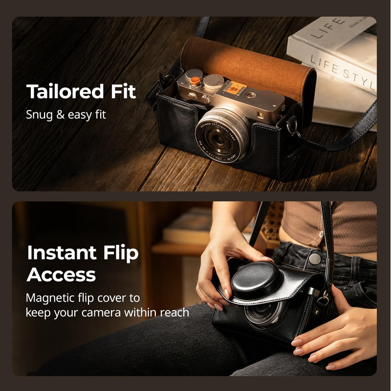 SmallRig Leather Case Bag for FUJIFILM X-E5 / X100VI, for Ricoh GR IV/GR III, Carrying Case with Magnetic Closure, Protective Pouch, Compact Storage Bag, Crossbody Bag, Shoulder Strap, Black- 5987
