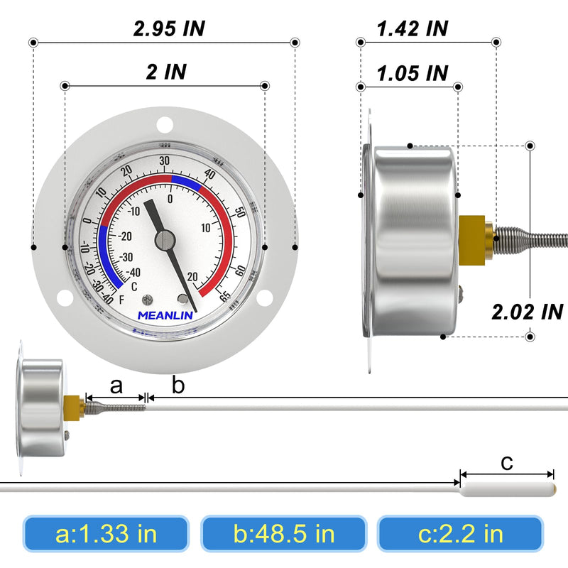 MEANLIN MEASURE Vapor Capillary Refrigeration Thermometer with Stainless Steel Front Flange Mount, 2" Dial, 48" Capillary Length, Temperature Range -40-65°F/-40-20°C, Accuracy 2% 1PCS